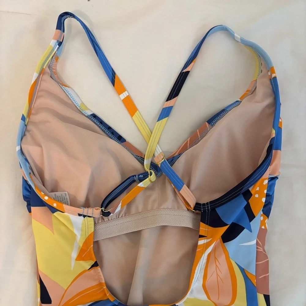 Kona Sol Tropical Floral Print One-Piece Swimsuit Orange Blue